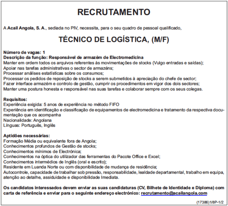 VAGA PARA UM (1) TÉCNICO DE LOGÍSTICA (M/F) 