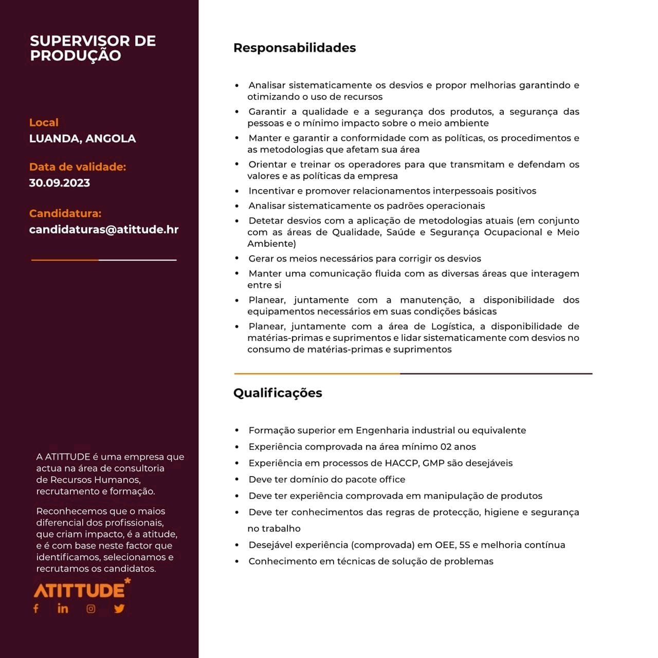 VAGA PARA SUPERVISOR DE PRODUÇÃO 