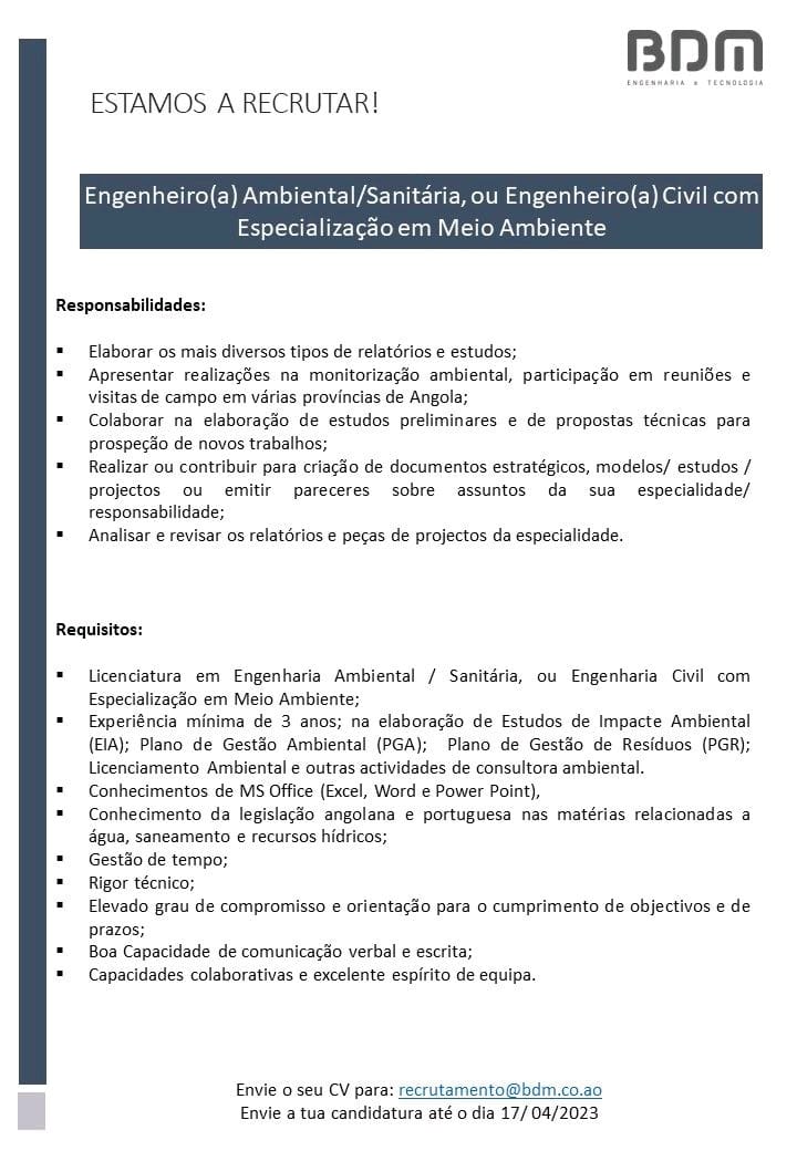 Vaga para Engenheiro(a) Ambiental/Sanitária, ou Engenheiro(a) Civil com Especialização em Meio Ambiente 