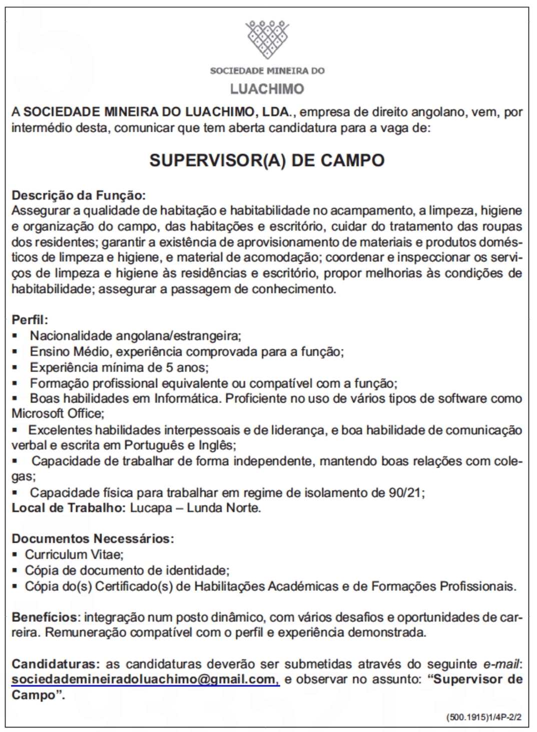 VAGA PARA SUPERVISOR(A) DE CAMPO