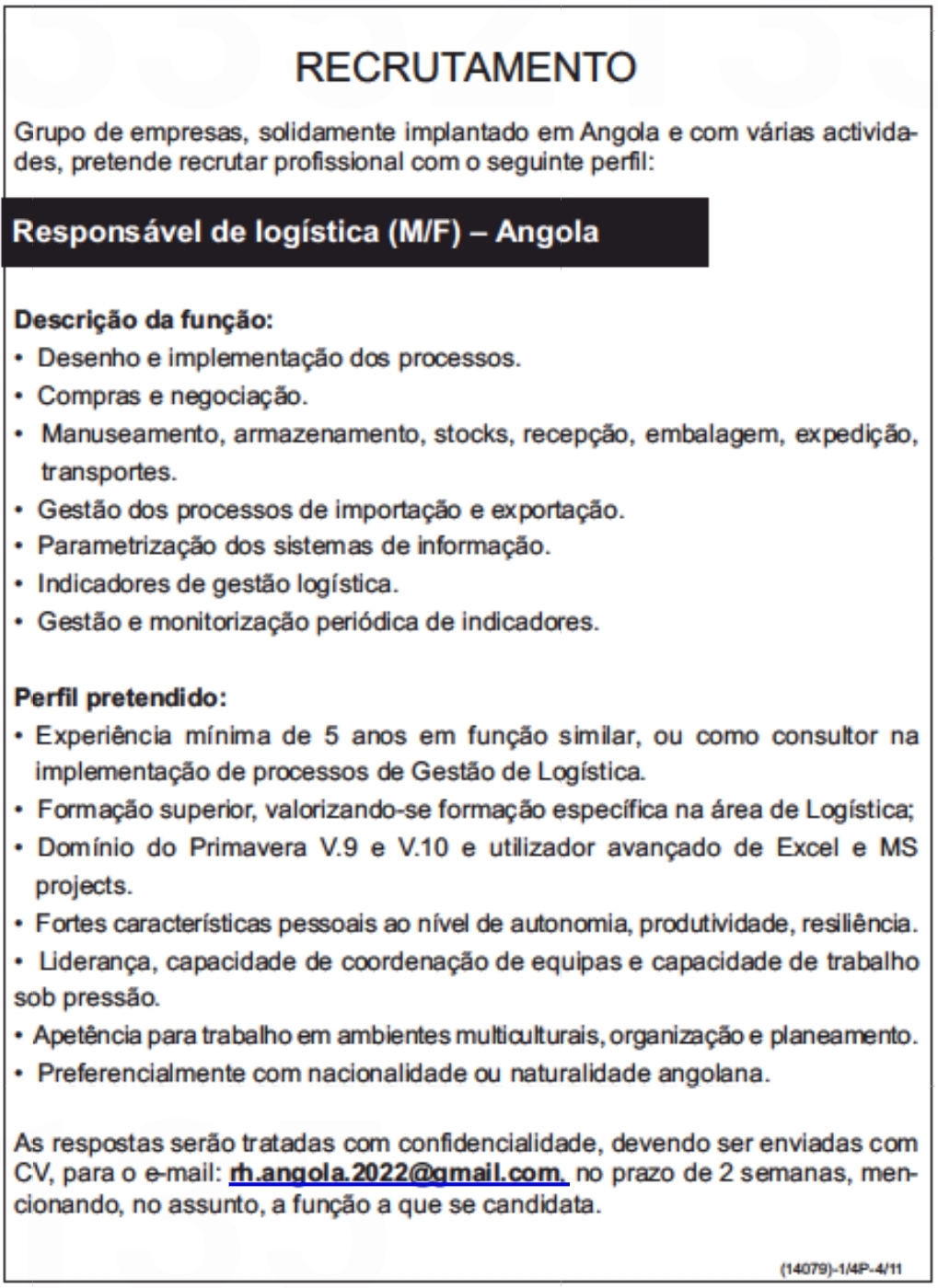 Vaga para Responsável de logística (M/F)