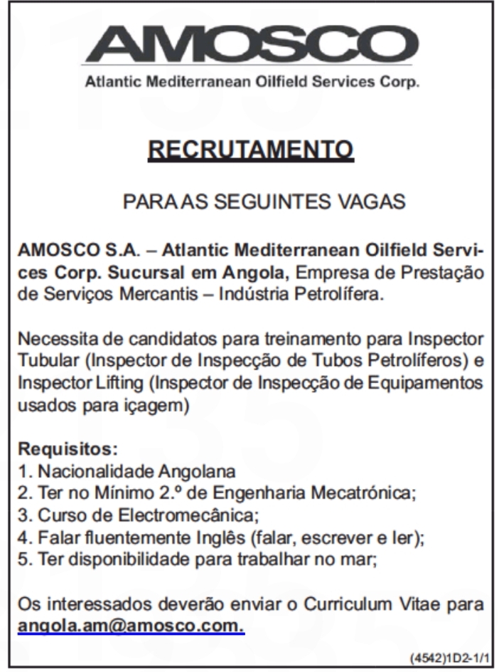 Vaga para Inspector Tubular & Inspector Lifting 