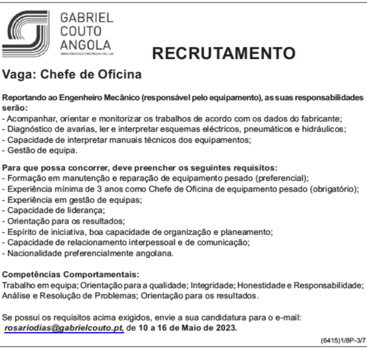 VAGA PARA CHEFE DE OFICINA 