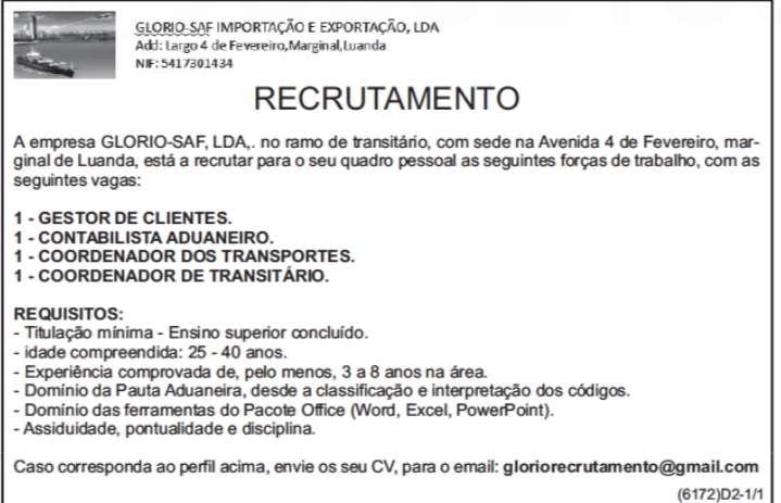 QUATRO (4) VAGAS DISPONÍVEIS NA EMPRESA GLORIO-SAF