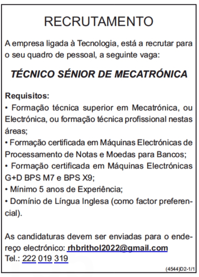 VAGA PARA TÉCNICO SÉNIOR DE MECATRÓNICA