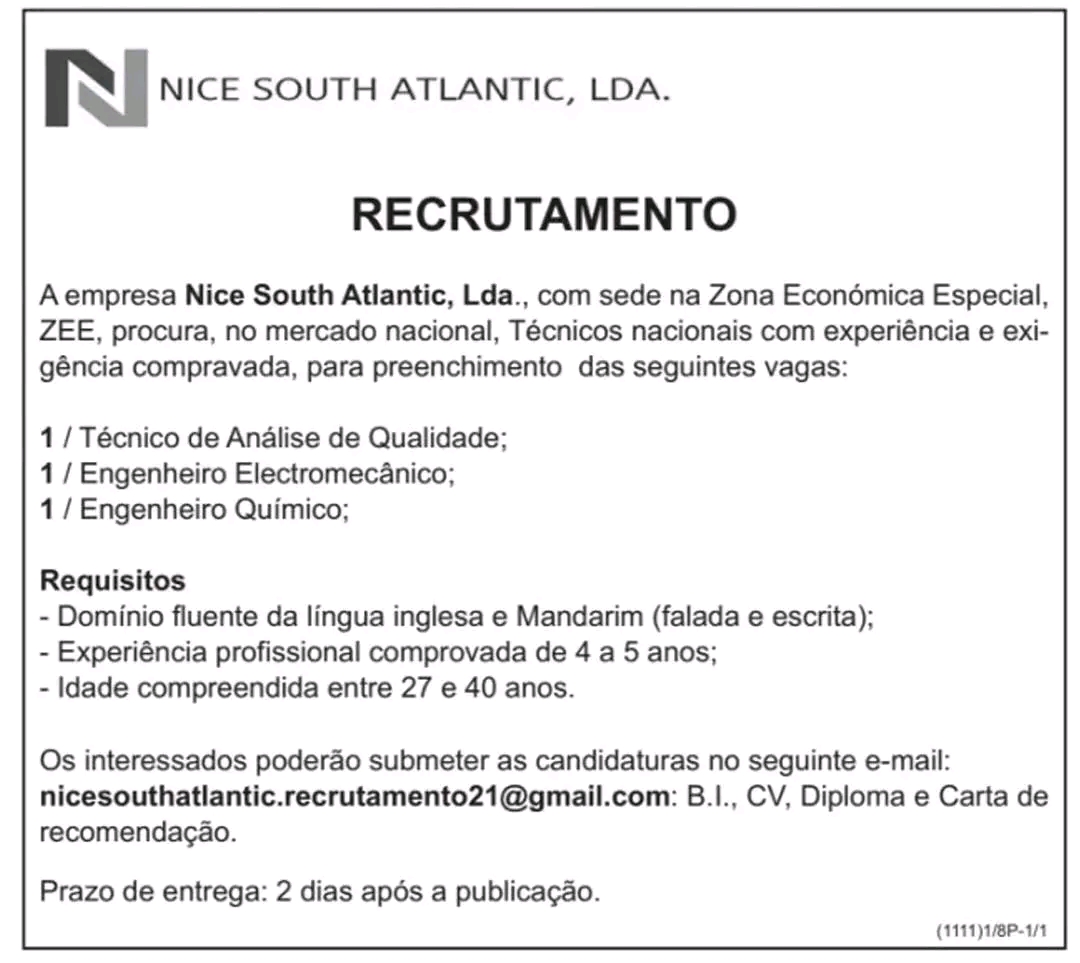 Vaga para Técnico de Análise de Qualidade, Engenheiro Electromecânico e Engenheiro Químico