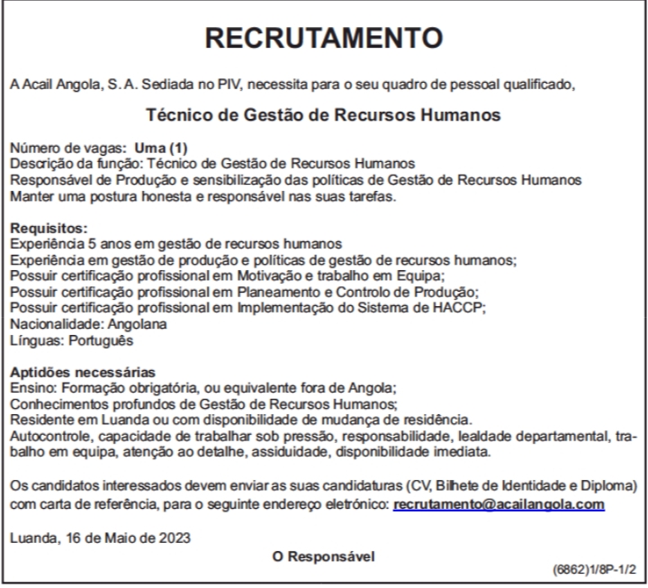 Vaga para Técnico de Gestão de Recursos Humanos 