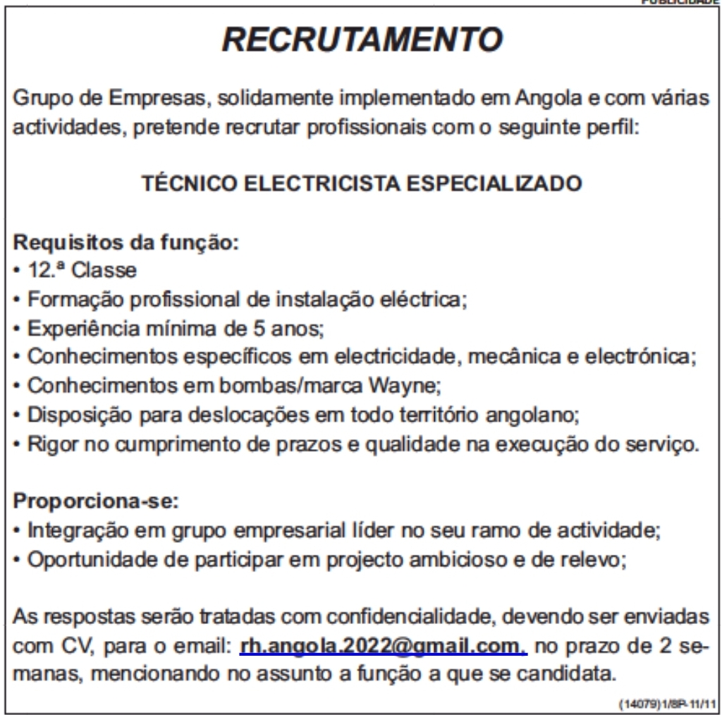 VAGA PARA TÉCNICO ELECTRICISTA ESPECIALIZADO