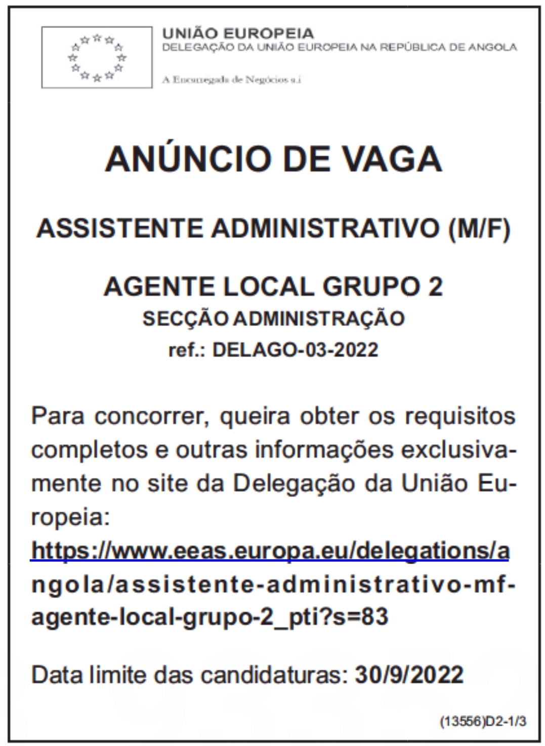 VAGA DE ASSISTENTE ADMINISTRATIVO (M/F) NA UNIÃO EUROPEIA 