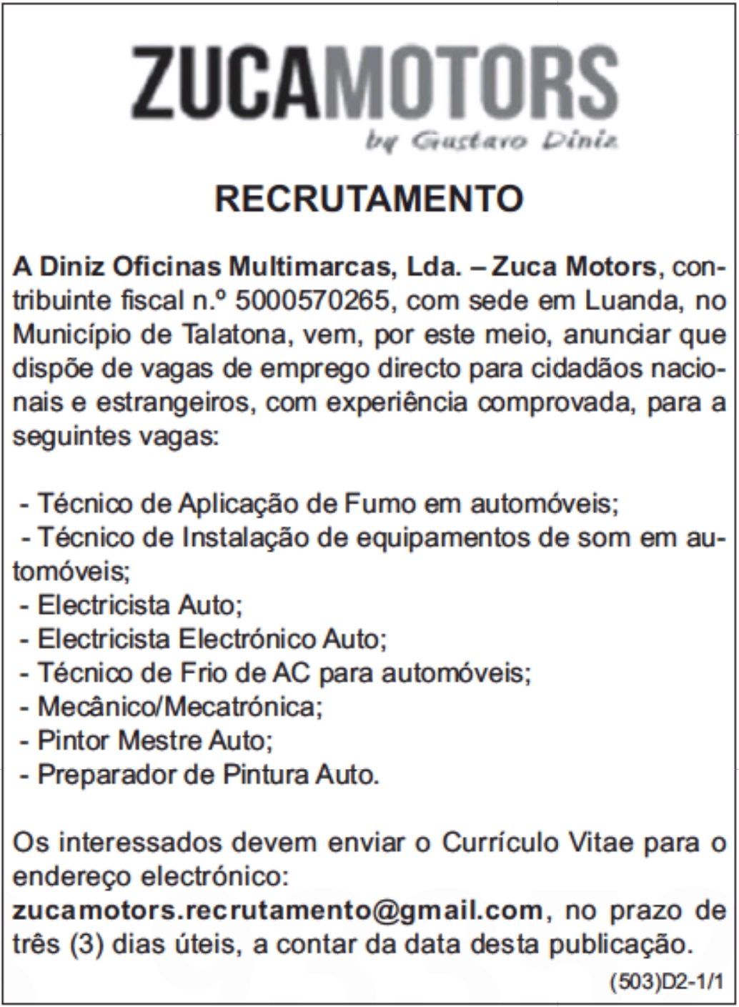 OITO (8) VAGAS PARA ELECTRICISTAS, MECANICOS, PINTORES E OUTROS - RECRUTAMENTO 2023