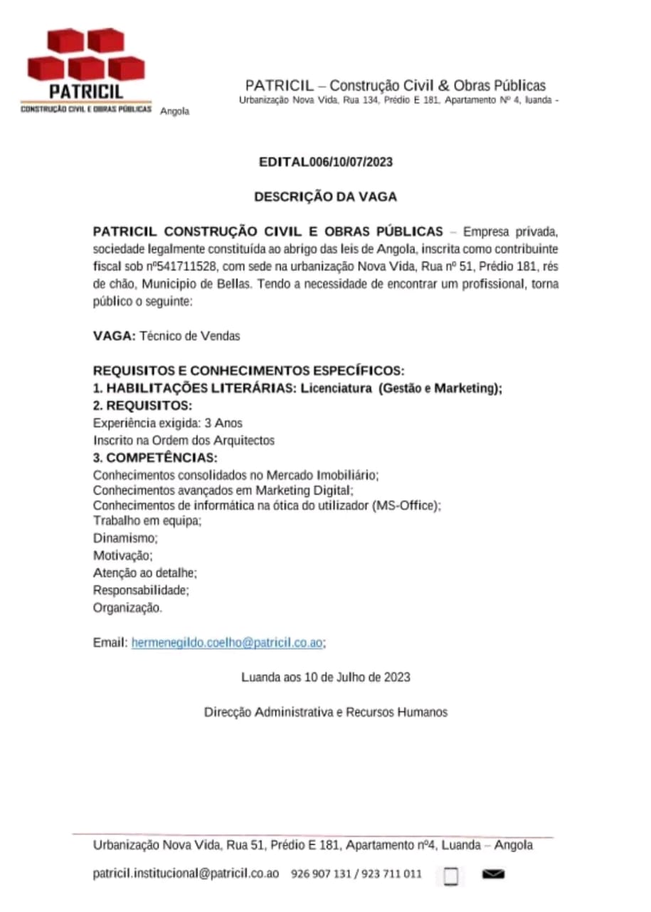Vaga para Técnico de Vendas
