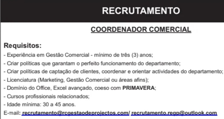 VAGA PARA COORDENADOR COMERCIAL 