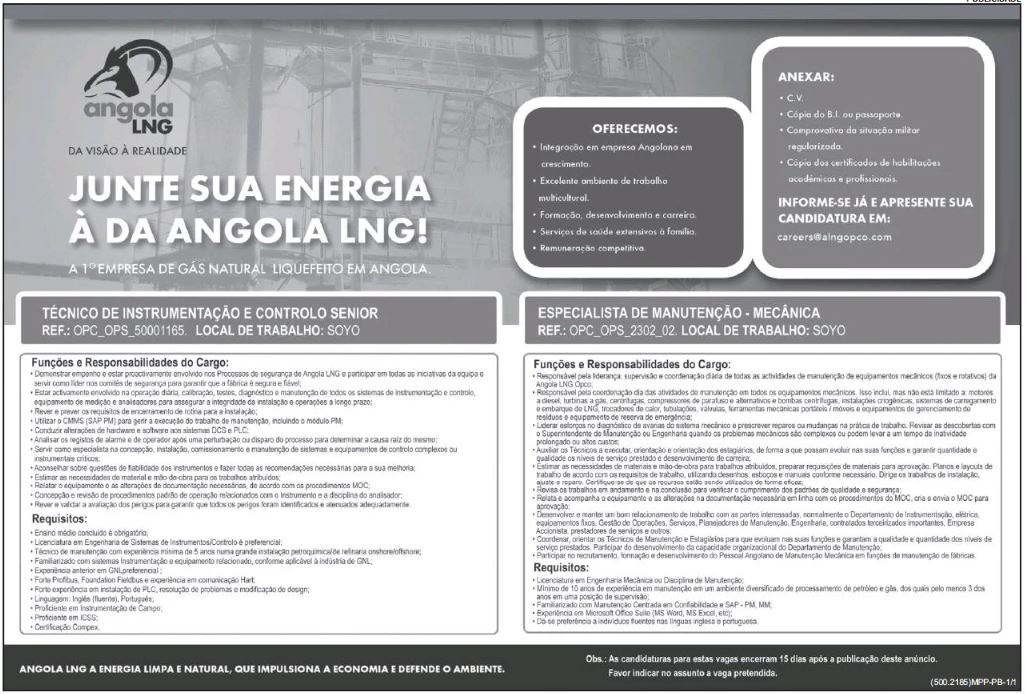 VAGA PARA ESPECIALISTA DE MANUTENÇÃO – MECÂNICA
