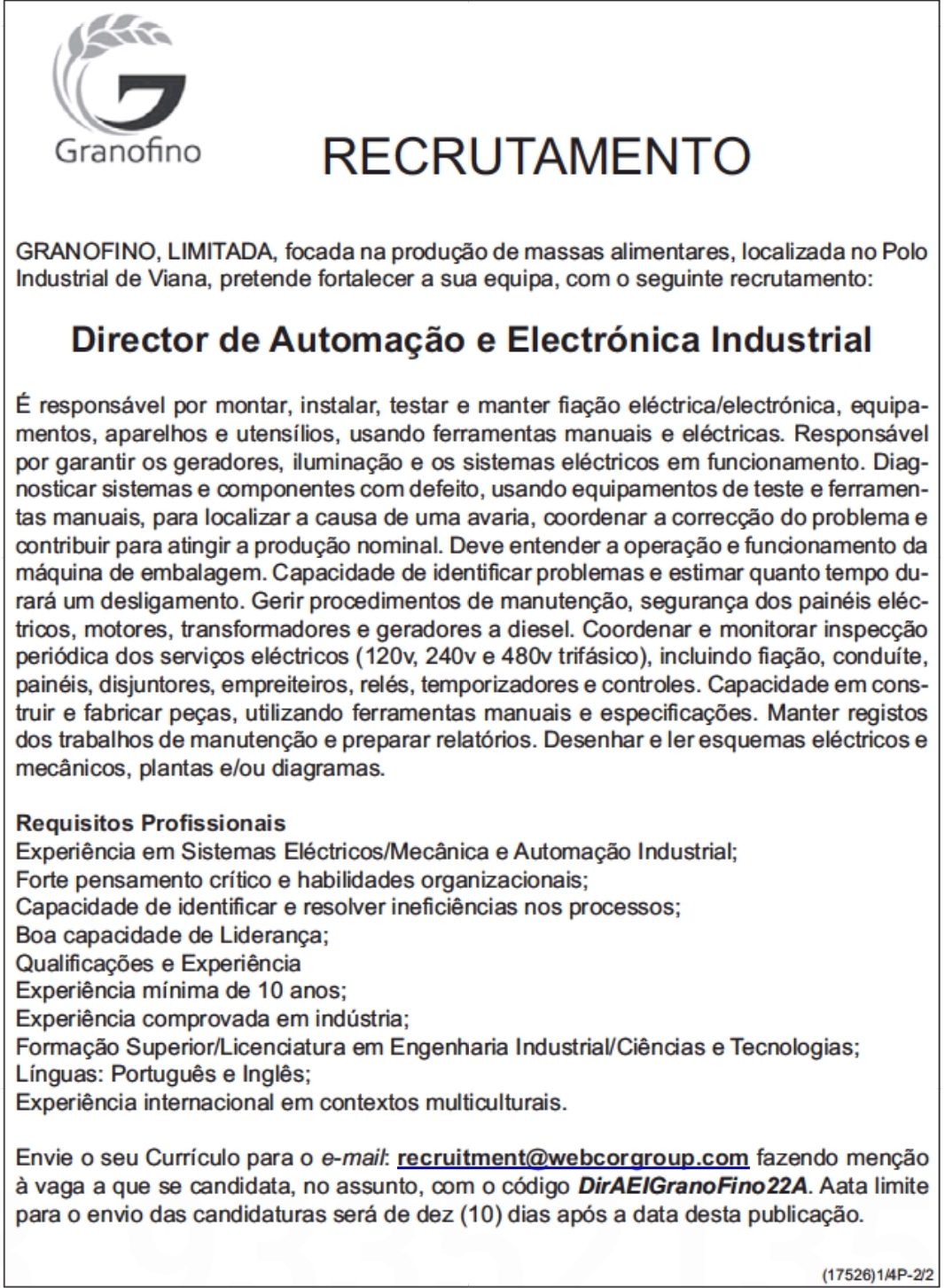 Vaga Para Director De Automação E Electrónica Industrial 