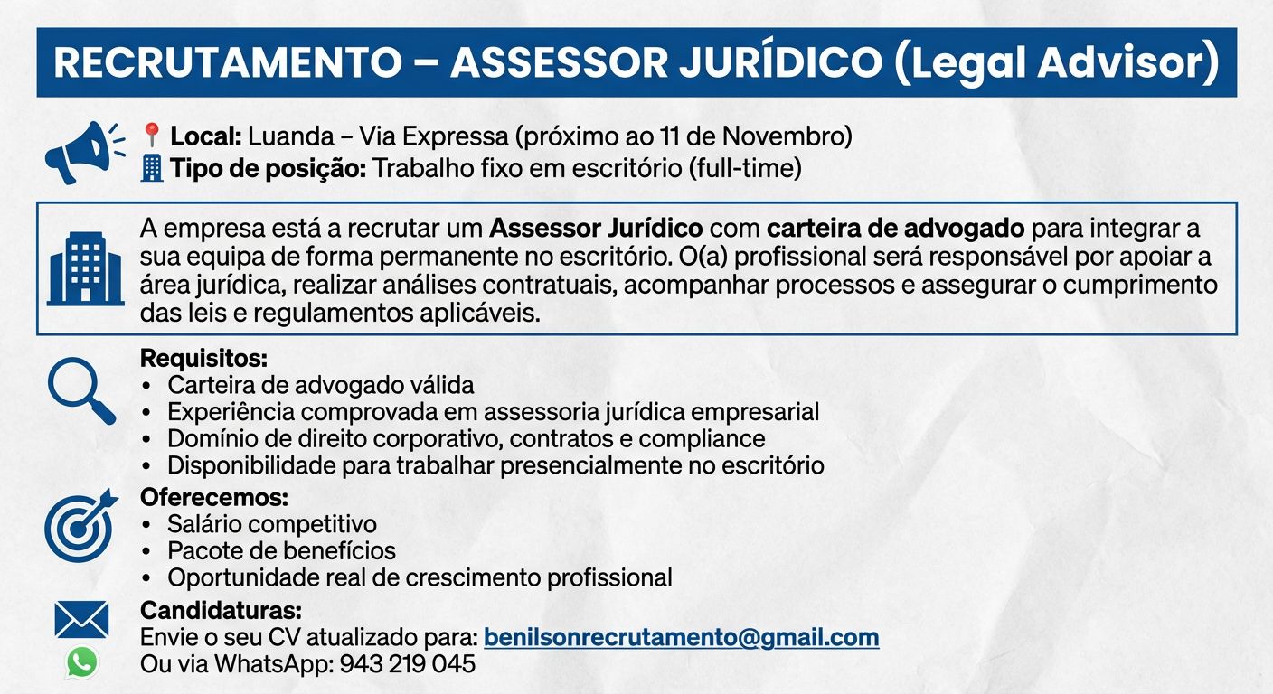 RECRUTAMENTO PARA ASSESSOR JURÍDICO (Legal Advisor)