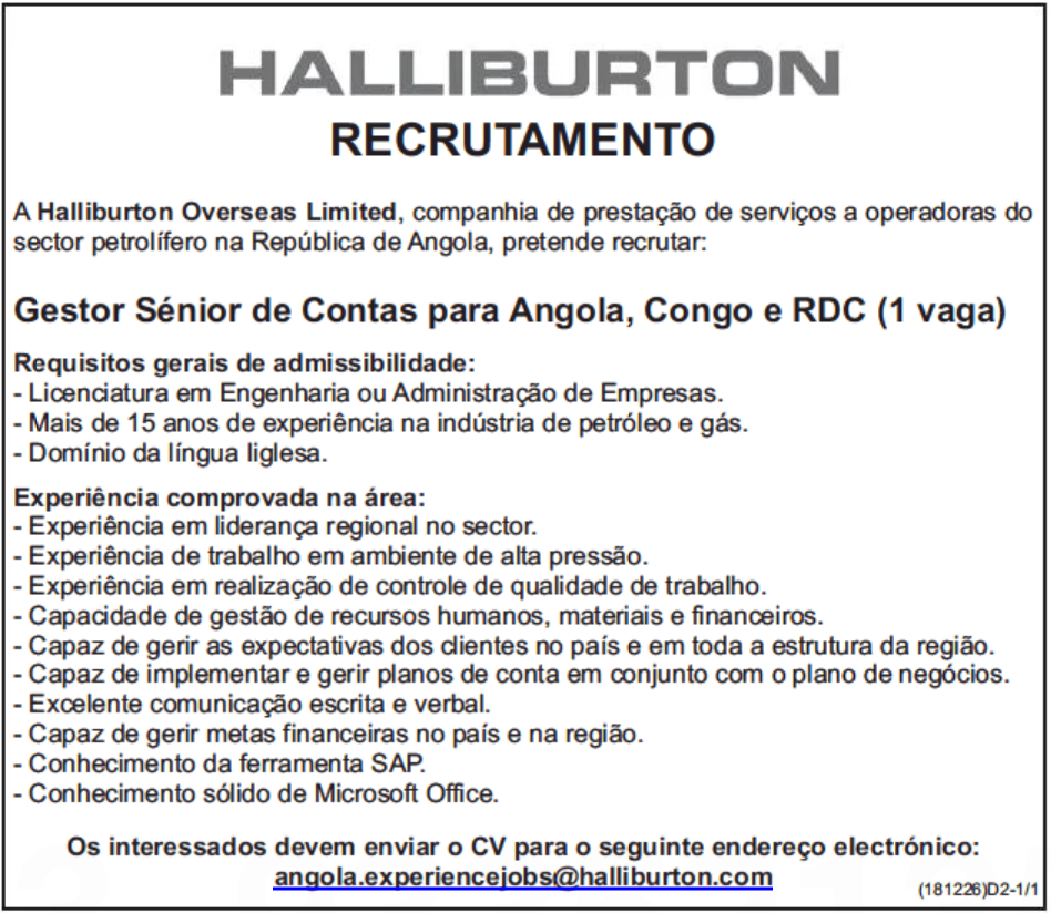 Gestor Sénior de Contas para Angola, Congo e RDC (1 vaga) 