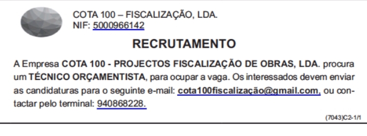 VAGA PARA UM(1) TÉCNICO ORÇAMENTISTA