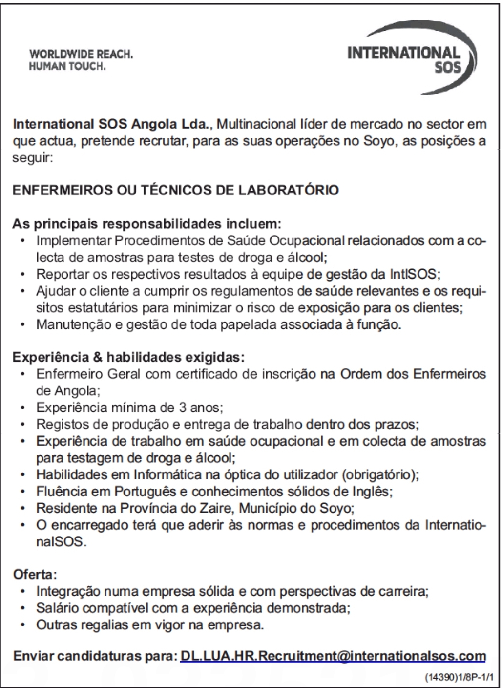 VAGA PARA ENFERMEIROS OU TÉCNICOS DE LABORATÓRIO