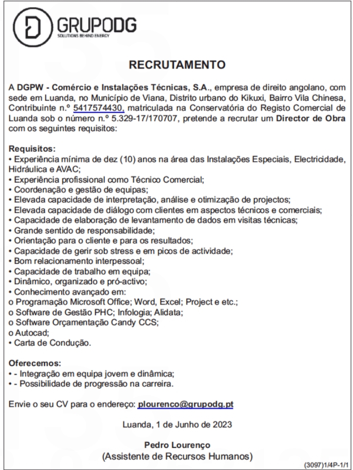 Vaga para um(1) Director de Obra