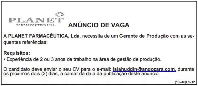 VAGA PARA GERENTE DE PRODUÇÃO