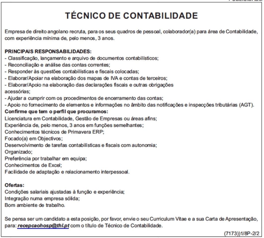 Vaga para Técnico de Contabilidade