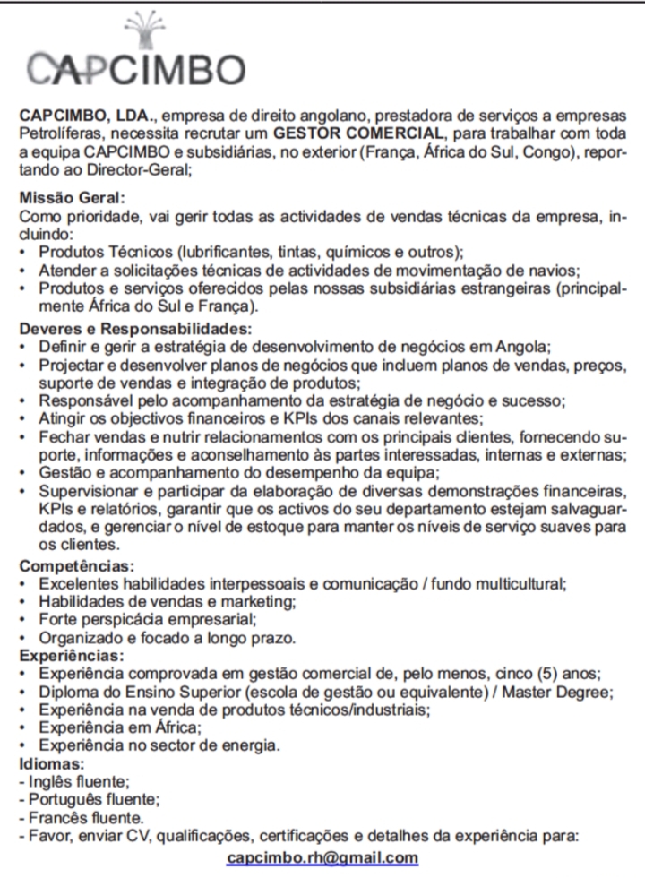 VAGA PARA UM(1) GESTOR COMERCIAL 
