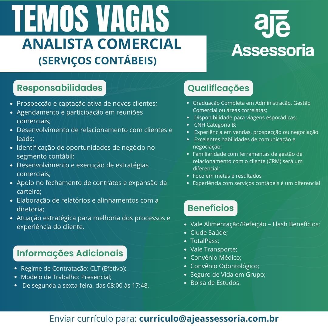 Vaga para Analista Comercial (Serviços Contábeis)