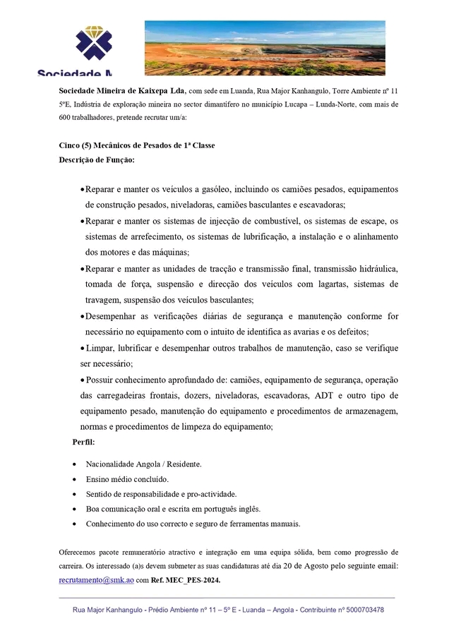 Vaga para Cinco (5) Mecânicos de Pesados de 1ª Classe