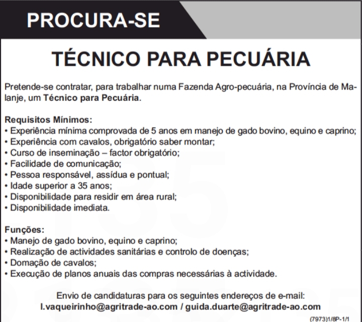 VAGA PARA TÉCNICO EM PECUÁRIA 