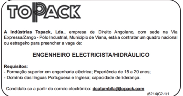 VAGA PARA ENGENHEIRO ELECTRICISTA/HIDRÁULICO 