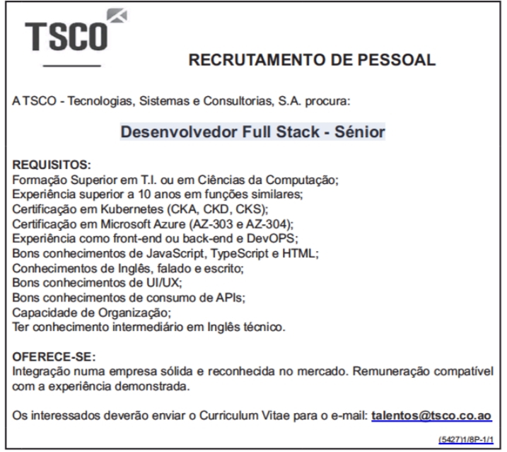 Vaga para Desenvolvedor Full Stack - Sénior