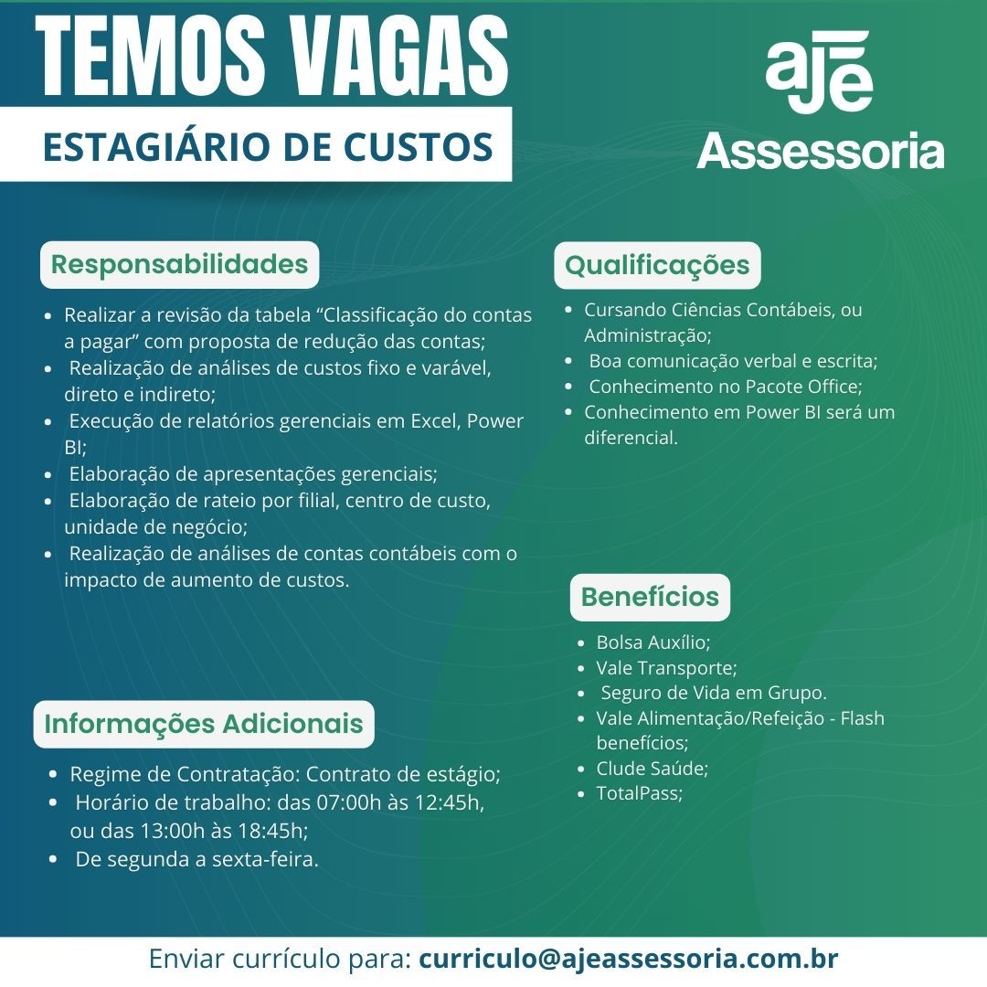 Vaga para Estagiário(a) de Custos