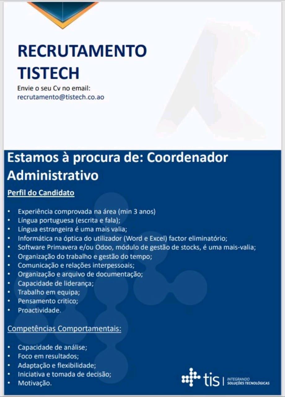 VAGA PARA COORDENADOR ADMINISTRATIVO 