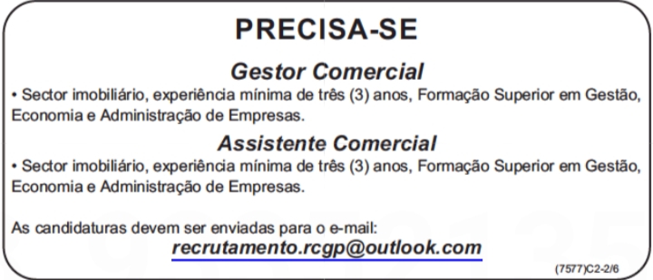 VAGA PARA GESTOR COMERCIAL & ASSISTENTE COMERCIAL 