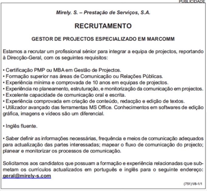 RECRUTAMENTO PARA GESTOR DE PROJECTOS ESPECIALIZADO EM MARCOMM