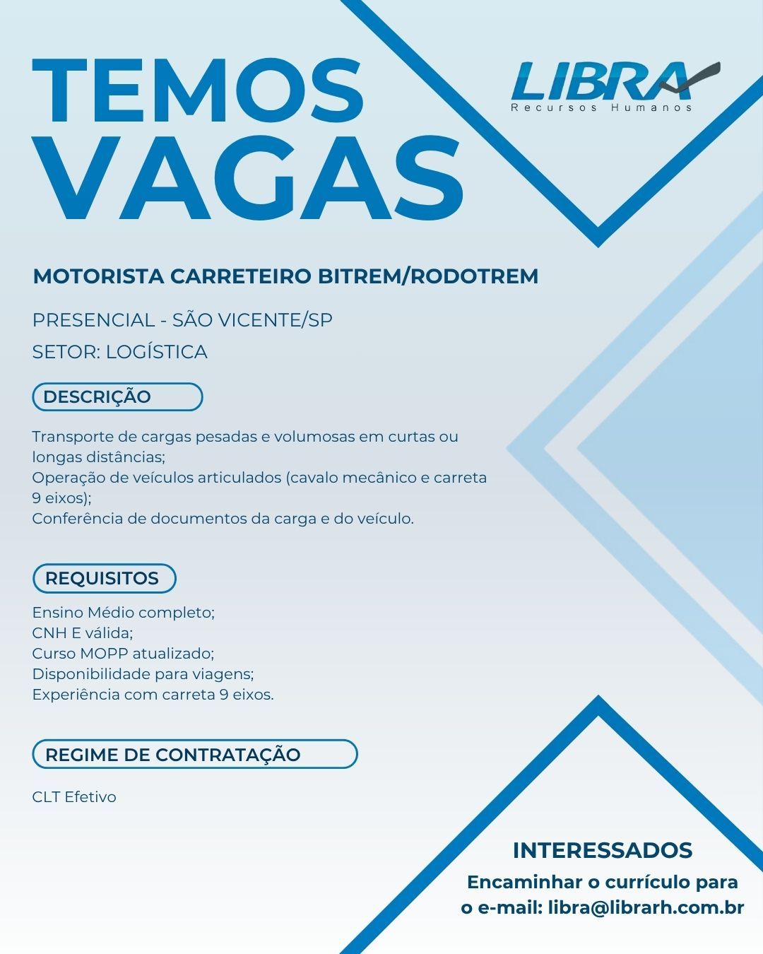 Vaga para Motorista Carreteiro Bitrem/Rodotrem