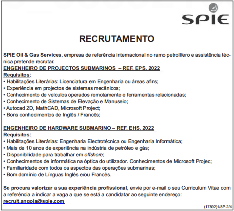 OPORTUNIDADE DE EMPREGO NA SPIE OIL  & GAS SERVICES 