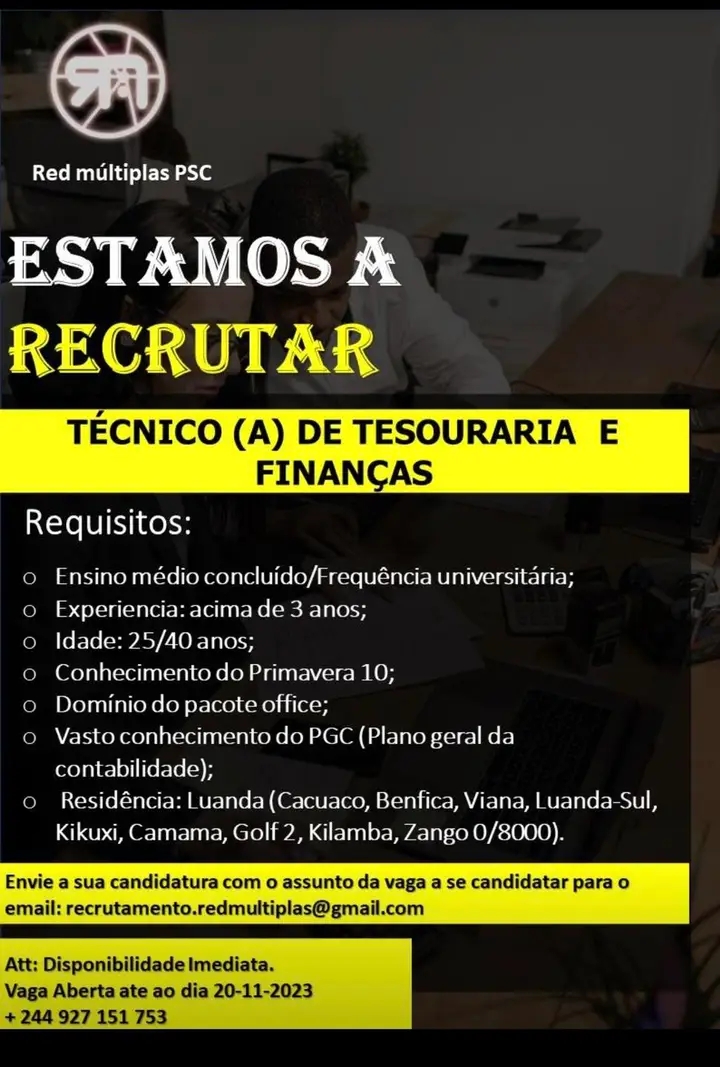 VAGA PARA TÉCNICO (A) DE TESOURARIA E FINANÇAS 