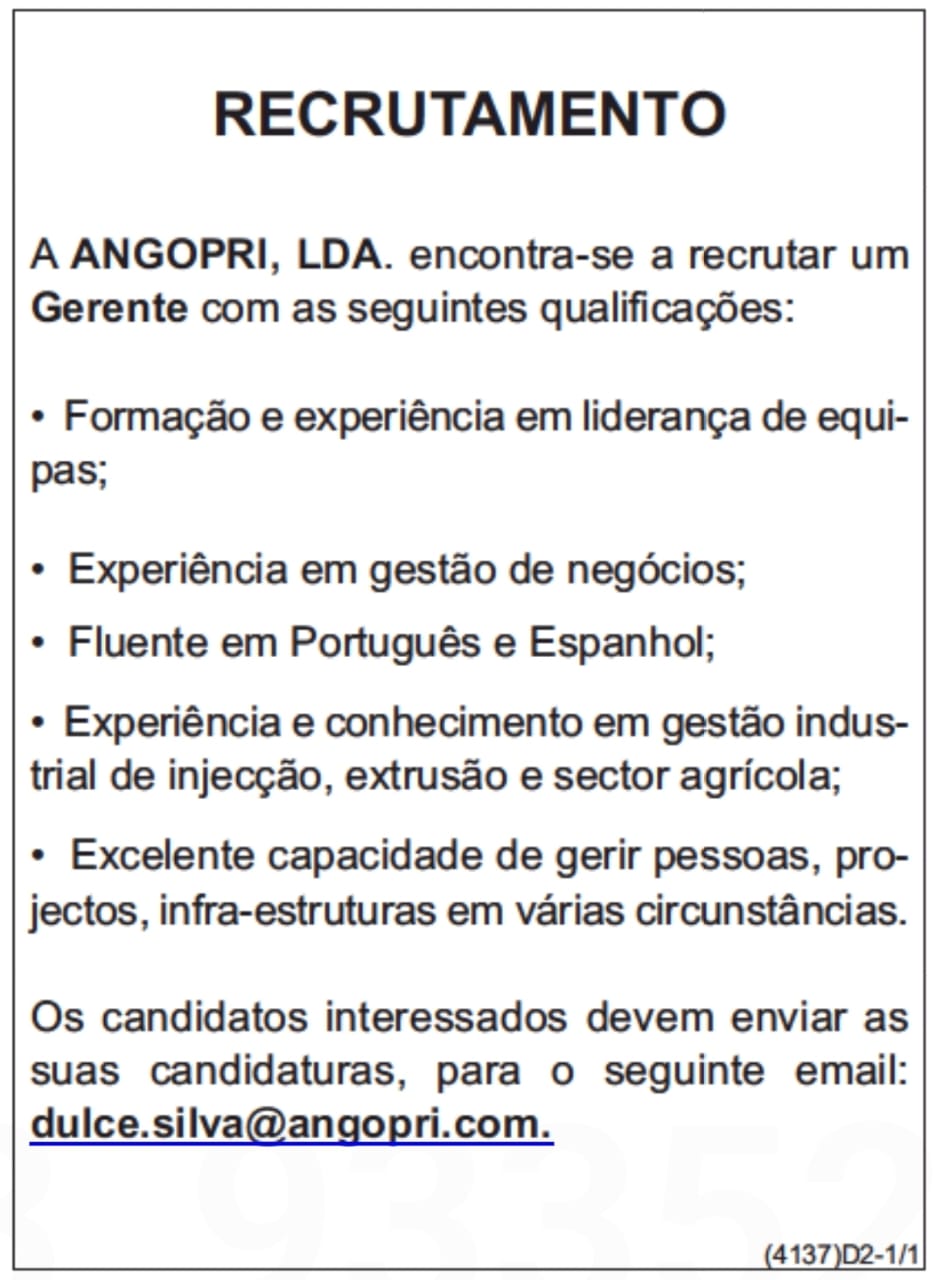 VAGA PARA UM (1) GERENTE 