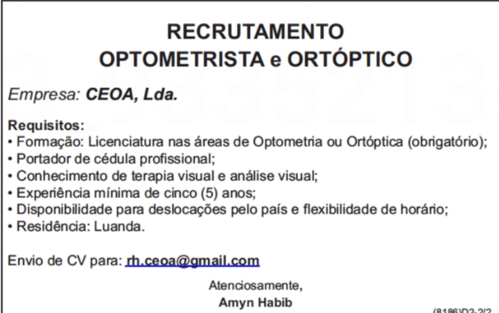 VAGA PARA OPTOMETRISTA E ORTÓPTICO 