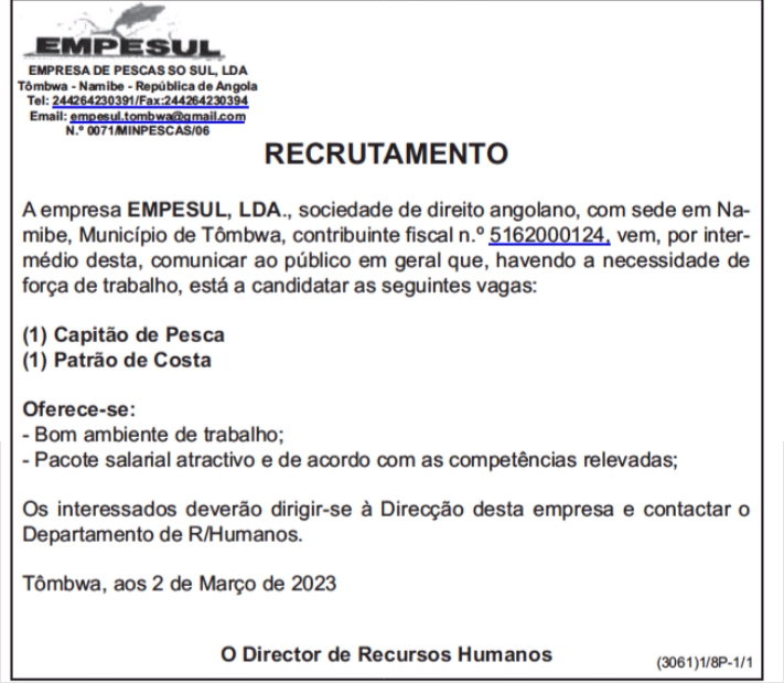 VAGA PARA CAPITÃO DE PESCA & PATRÃO DE COSTA