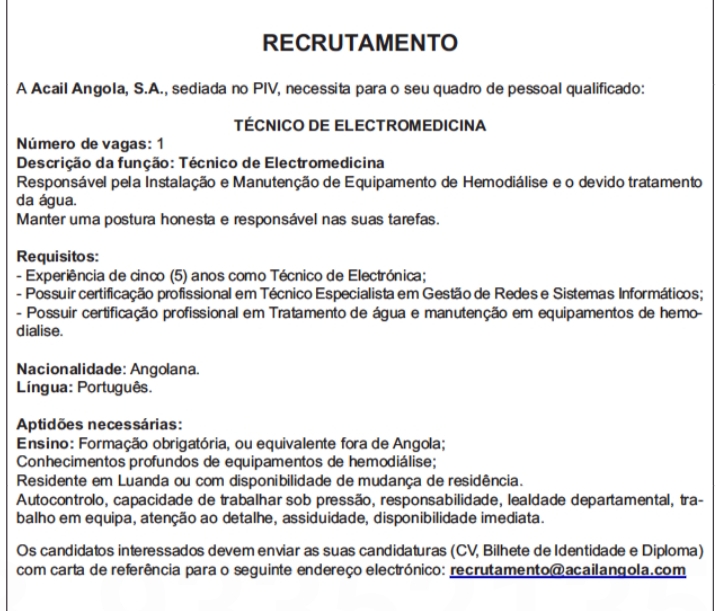 VAGA PARA TÉCNICO DE ELECTROMEDICINA