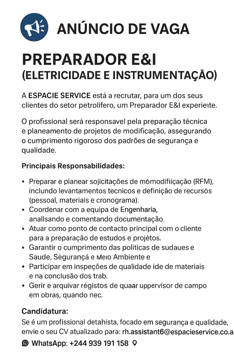 Vaga para Preparador E&I (Eletricidade e Instrumentação)