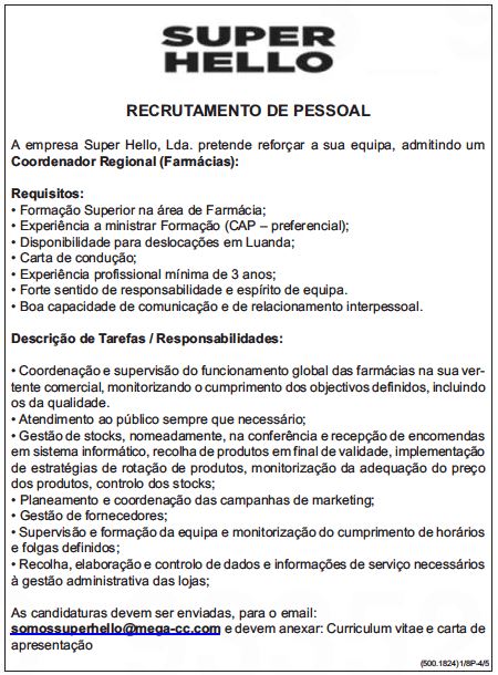 VAGA PARA COORDENADOR REGIONAL (FARMÁCIAS)