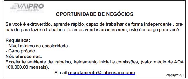 OPORTUNIDADE DE EMPREGO NA VAIPRO