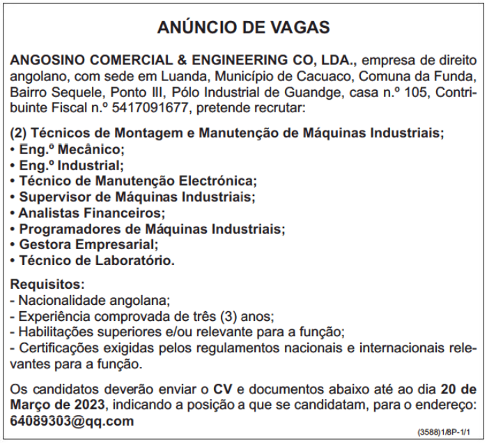 DEZ (10) VAGAS DISPONÍVEIS NA ANGOSINO COMERCIAL & ENGINEERING CO, LDA