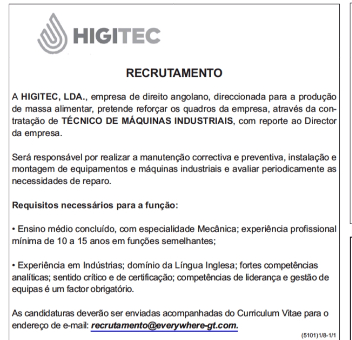 VAGA PARA TÉCNICO DE MÁQUINAS INDUSTRIAIS