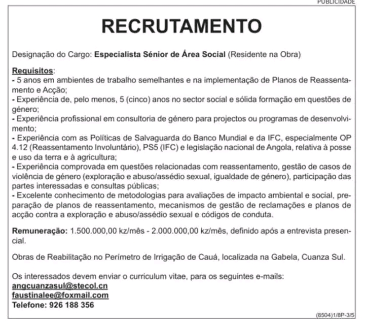 Vaga para Especialista Sénior de Área Social 
