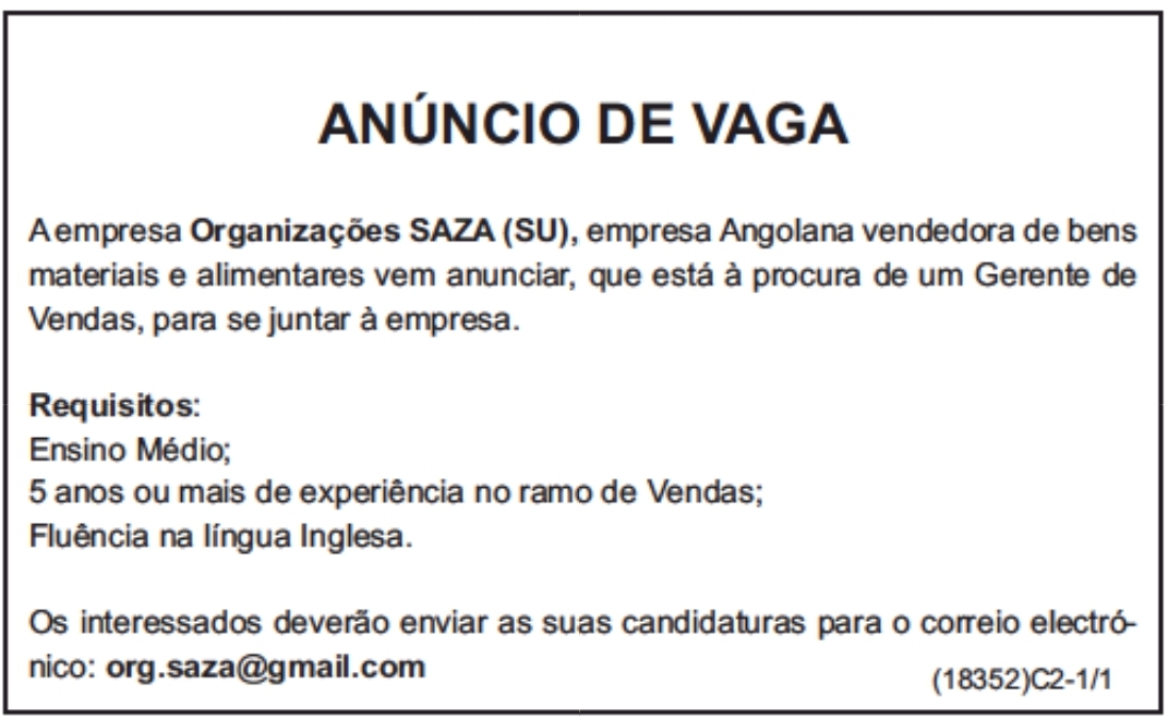 VAGA PARA (1) GERENTE DE VENDAS 