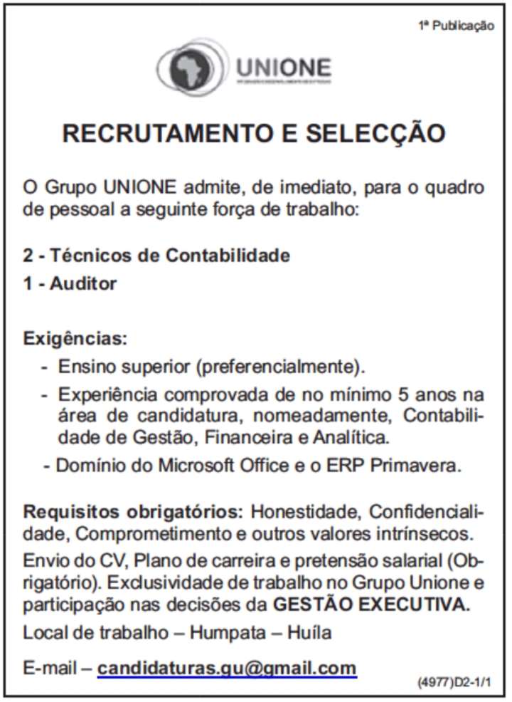 Vaga para (2) Técnicos de Contabilidade & (1) Auditor  